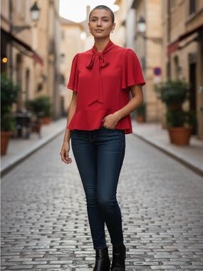 Tie-Neck Red Flutter-Sleeve Blouse by CeCe SZXL